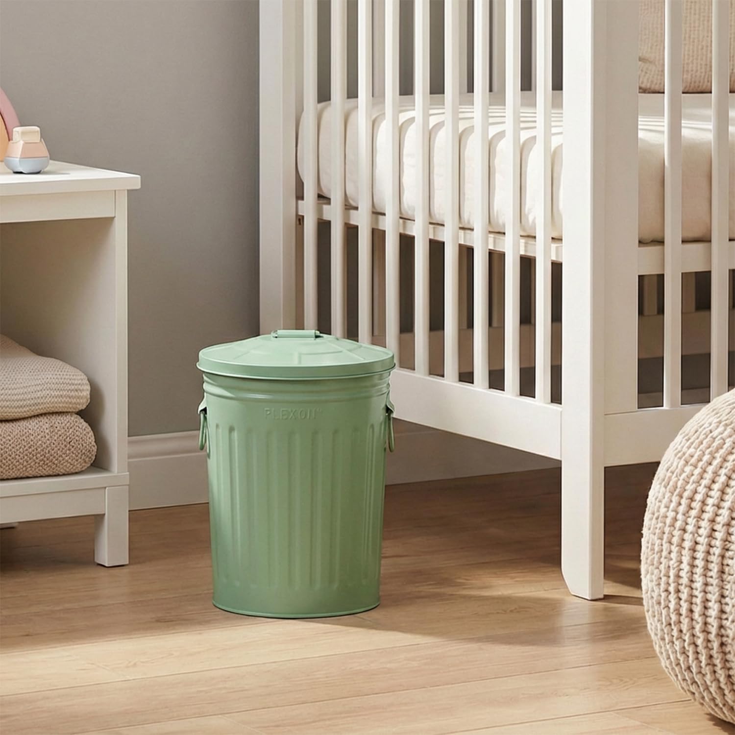 Plexon 2 Gallon Small Metal Trash Can with Lid Bathroom Garbage Can with Lid Bathroom Trash Can for Bedroom Office Kitchen Indoor Waste Basket, Round Powder Coated Green Bucket