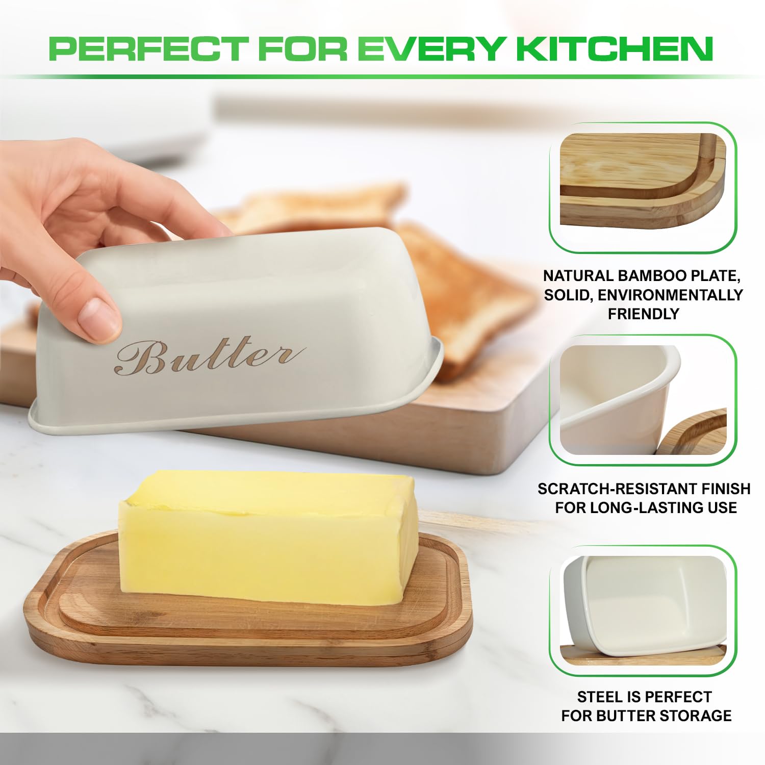 Wooden Butter Dish with Off-White Metal Lid