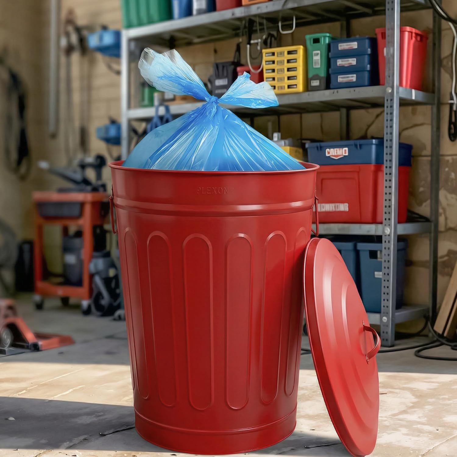 Plexon Metal Trash Can with Lid 13 Gallon, Decorative Outdoor Trash Can Heavy Duty Galvanized Metal Bucket with Lid for Garage Workshop Storage Farmhouse, Red