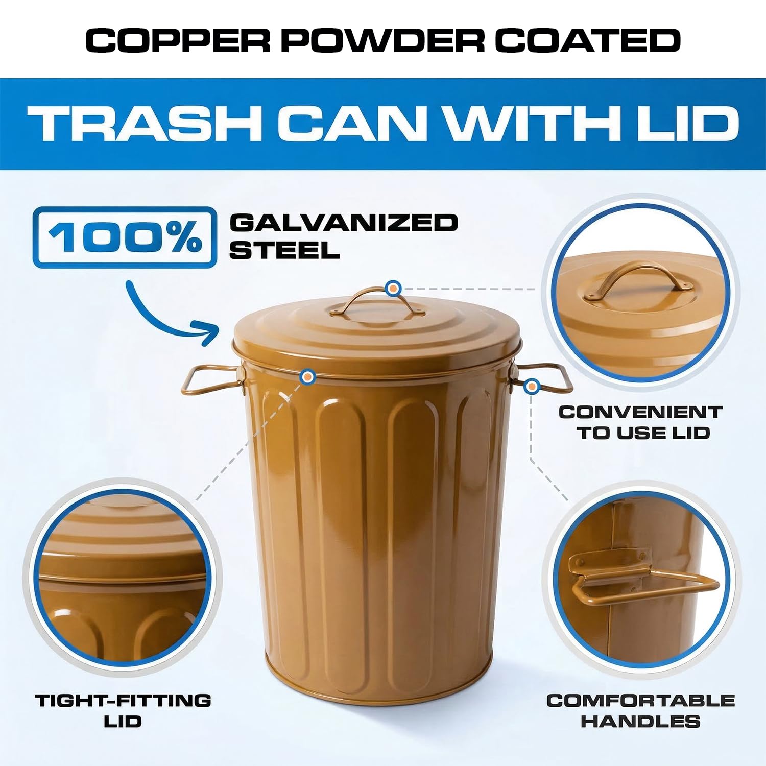 Plexon 5 Gallon Small Metal Trash Can with Lid Outdoor Galvanized Steel Bucket with Lid 5 Gal Storage Can for Dog Food Bird Seed Storage Container Rodent Pet Proof, Copper