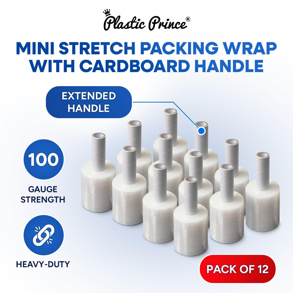 plastic prince 5 plastic wrap clear packing tape with dispenser for moving boxes shipping tape refills shrink wrap stretch film with handles 1000' roll 100 gauge thick 500% stretch ability 12 pack
