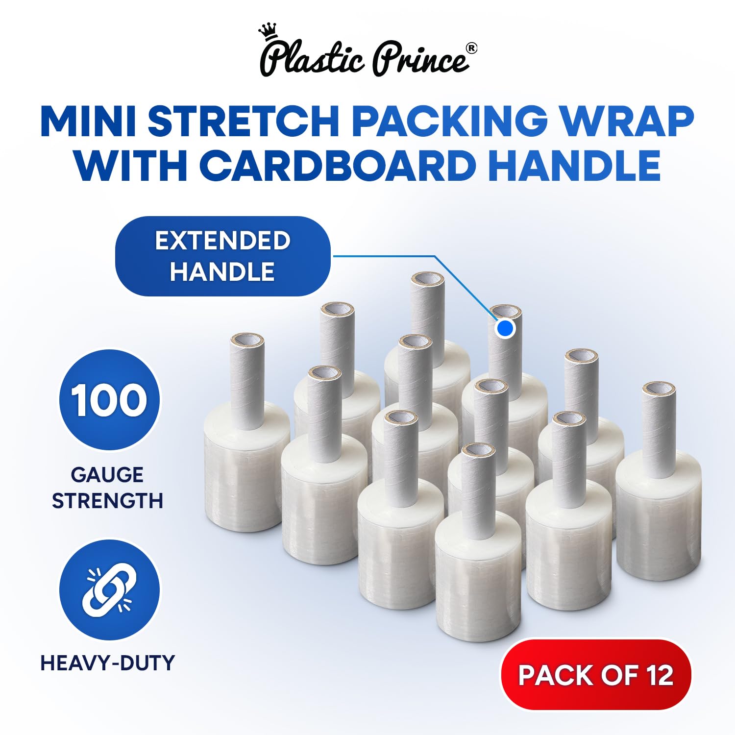 plastic prince 5 plastic wrap clear packing tape with dispenser for moving boxes shipping tape refills shrink wrap stretch film with handles 1000' roll 100 gauge thick 500% stretch ability 12 pack