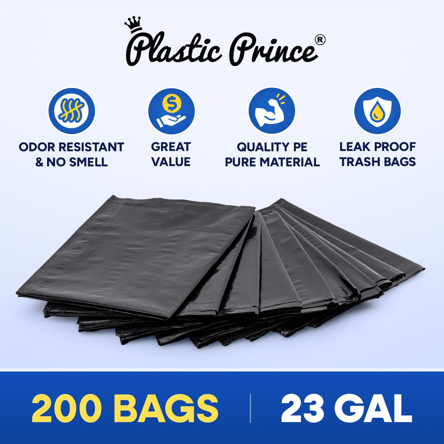Plastic Prince 23 Gallon Trash Bags, 1 Mil Black Waste Bags, Fits Slim Jim 23 Gal Trash Cans, 29" x 44" Tall Garbage Trash Can Liners 200 Pack