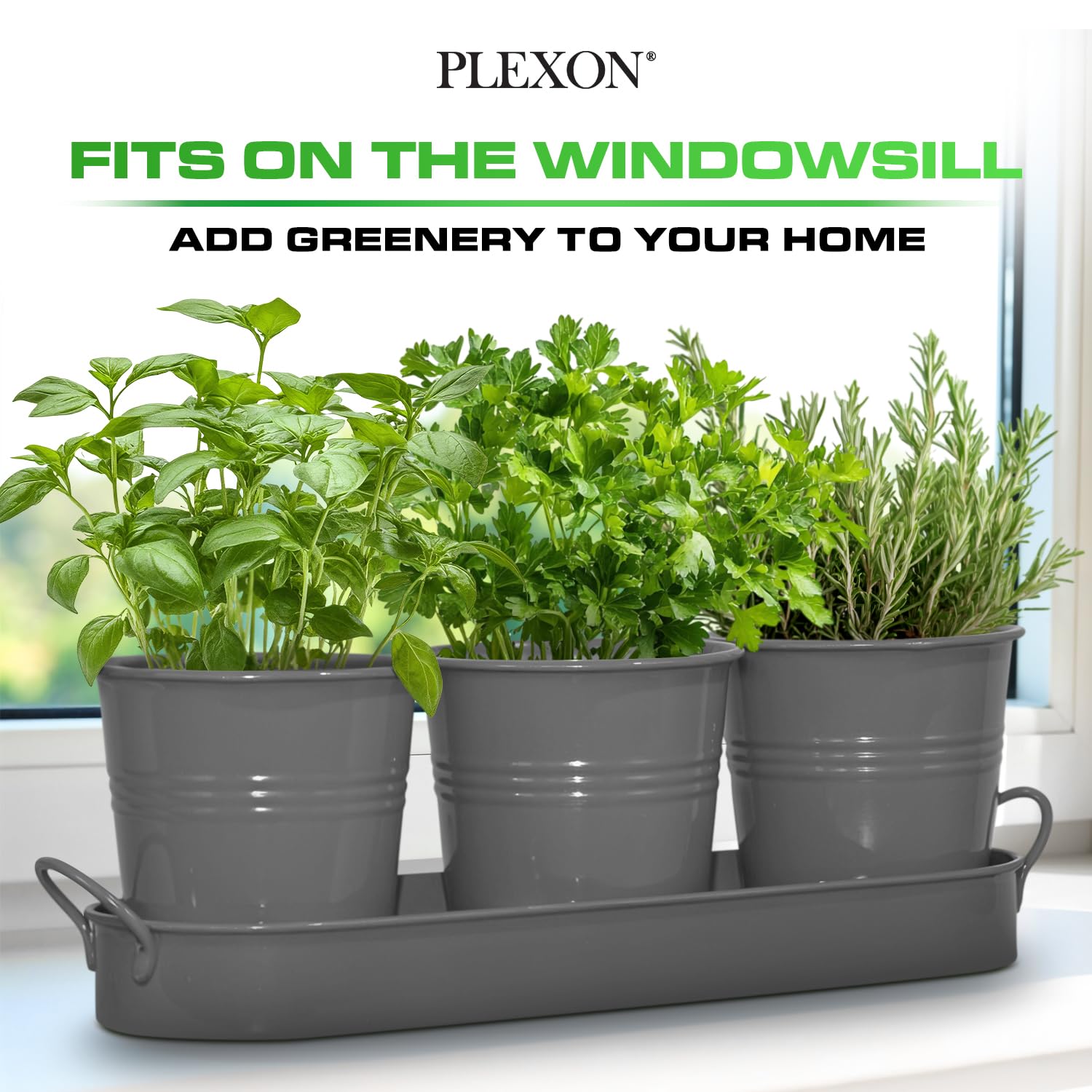 Set of 3 Gray Metal Garden Planters with Tray