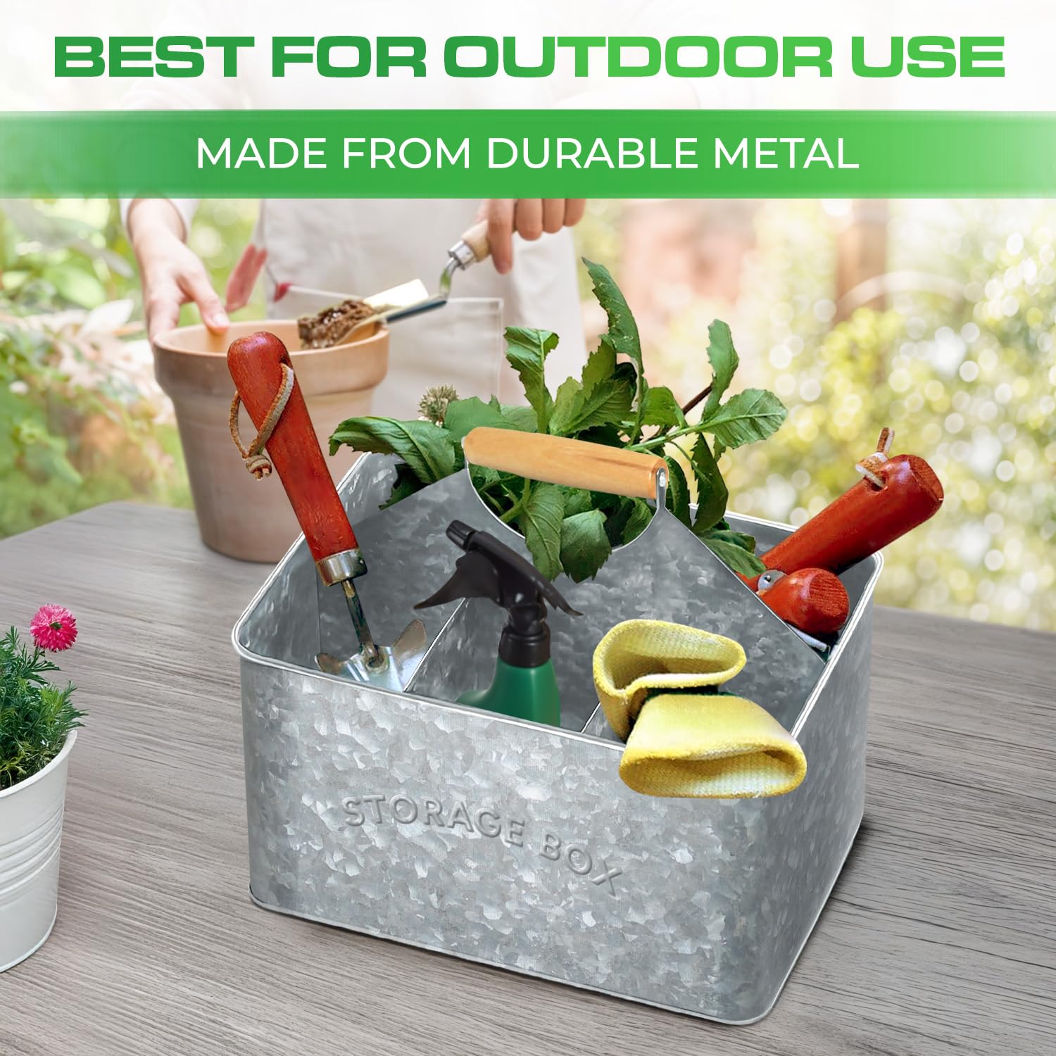 Galvanized Metal Utensil Caddy with Wooden Handle