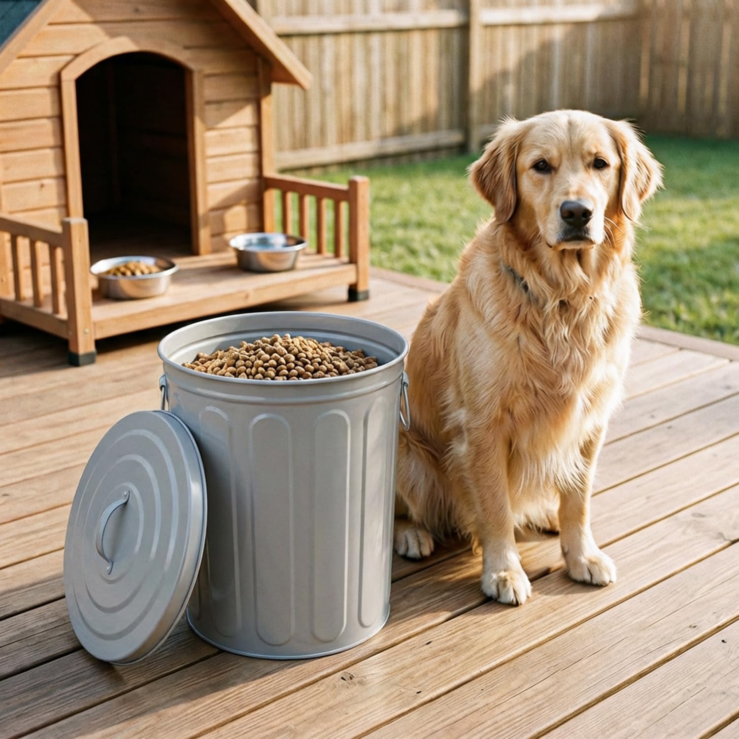 Plexon 5 Gallon Small Metal Trash Can with Lid Outdoor Galvanized Steel Bucket with Lid 5 Gal Storage Can for Dog Food Bird Seed Storage Container Rodent Pet Proof, Gray