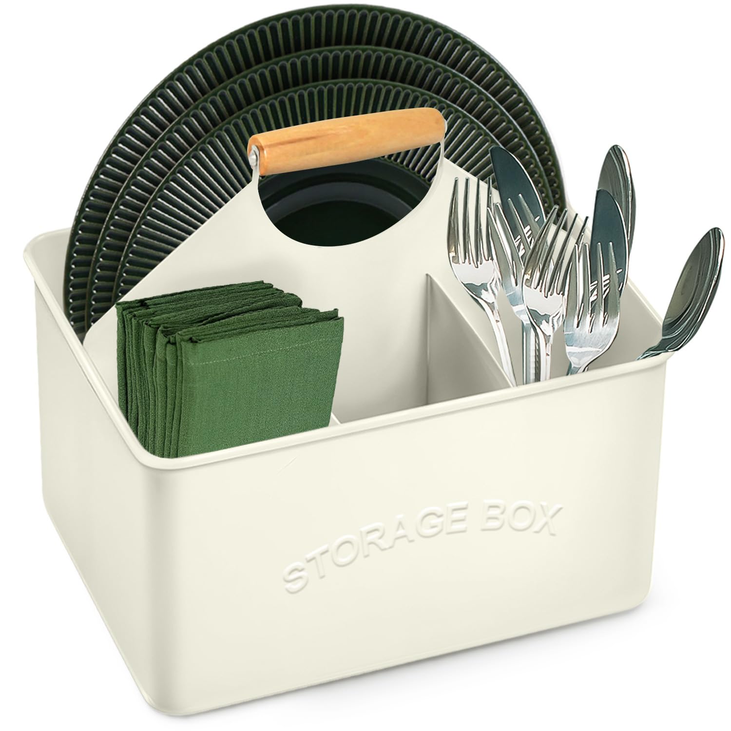 Off-White Galvanized Metal Utensil Caddy with Wooden Handle