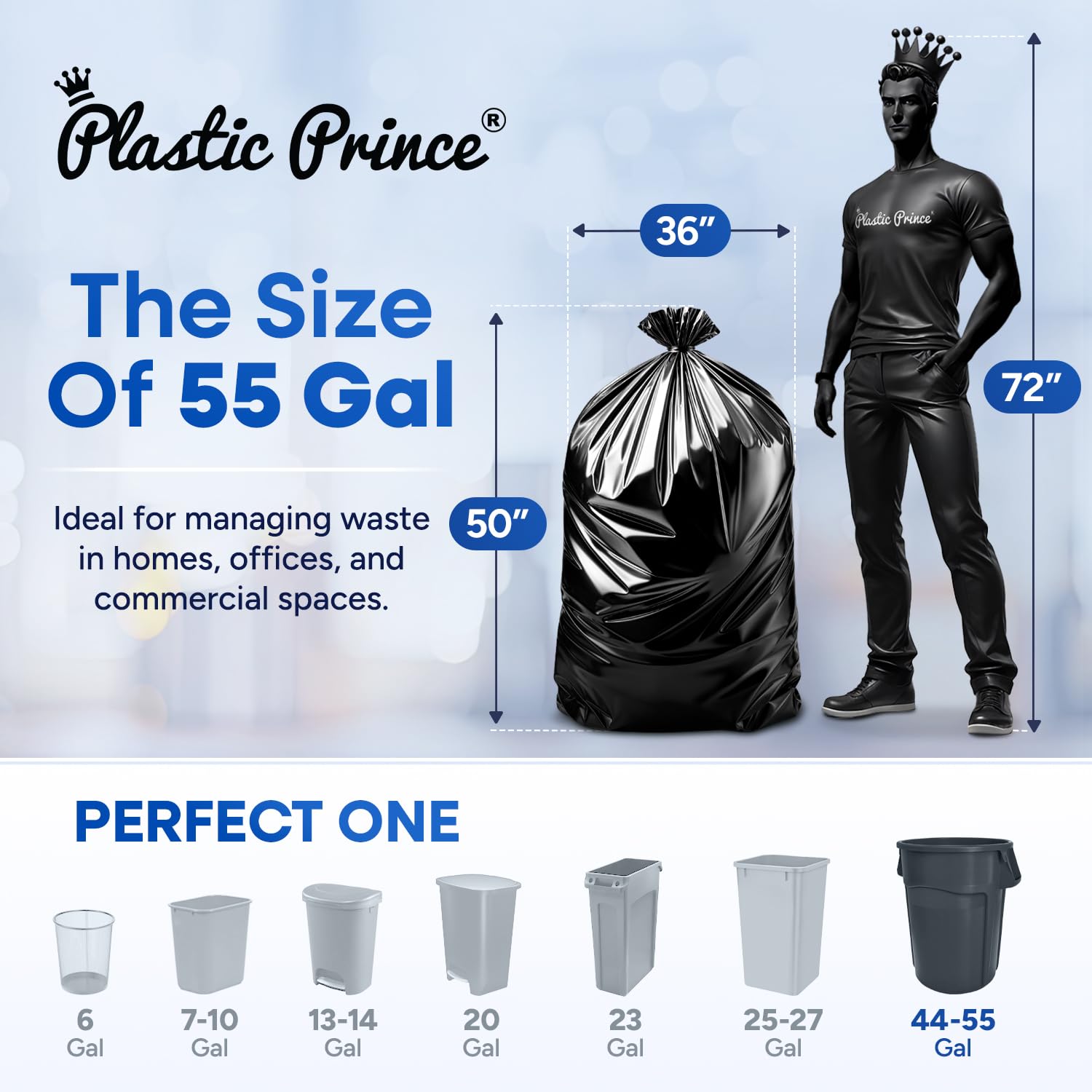 22" x 14" x 50" 55 Gal 2 Mil Black Trash Bags, 100/Case