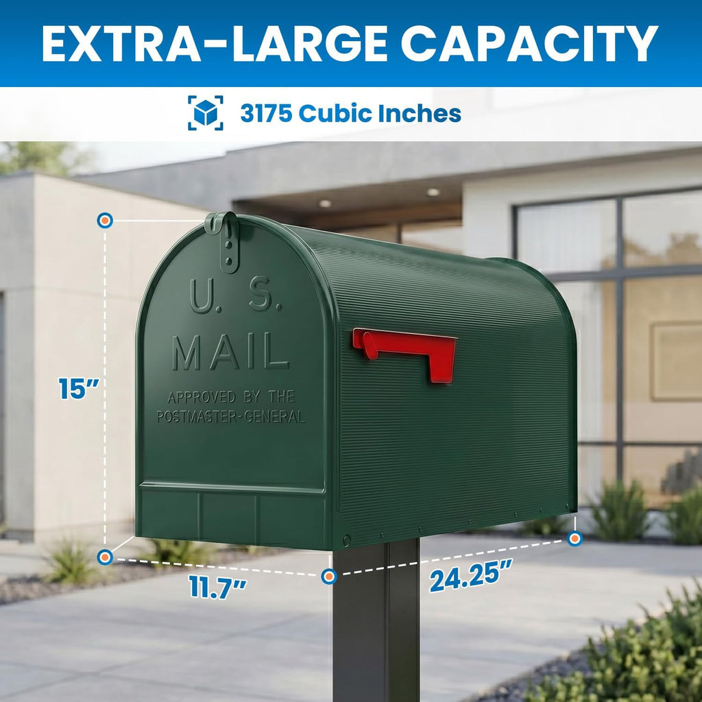 Plexon Jumbo Size Rural Mailbox, 3175 cu-in Capacity, Galvanized Steel, Powder-Coated, 15 in. H x 11.69 in. W x 24.82 in. L (Green, Extra Large)