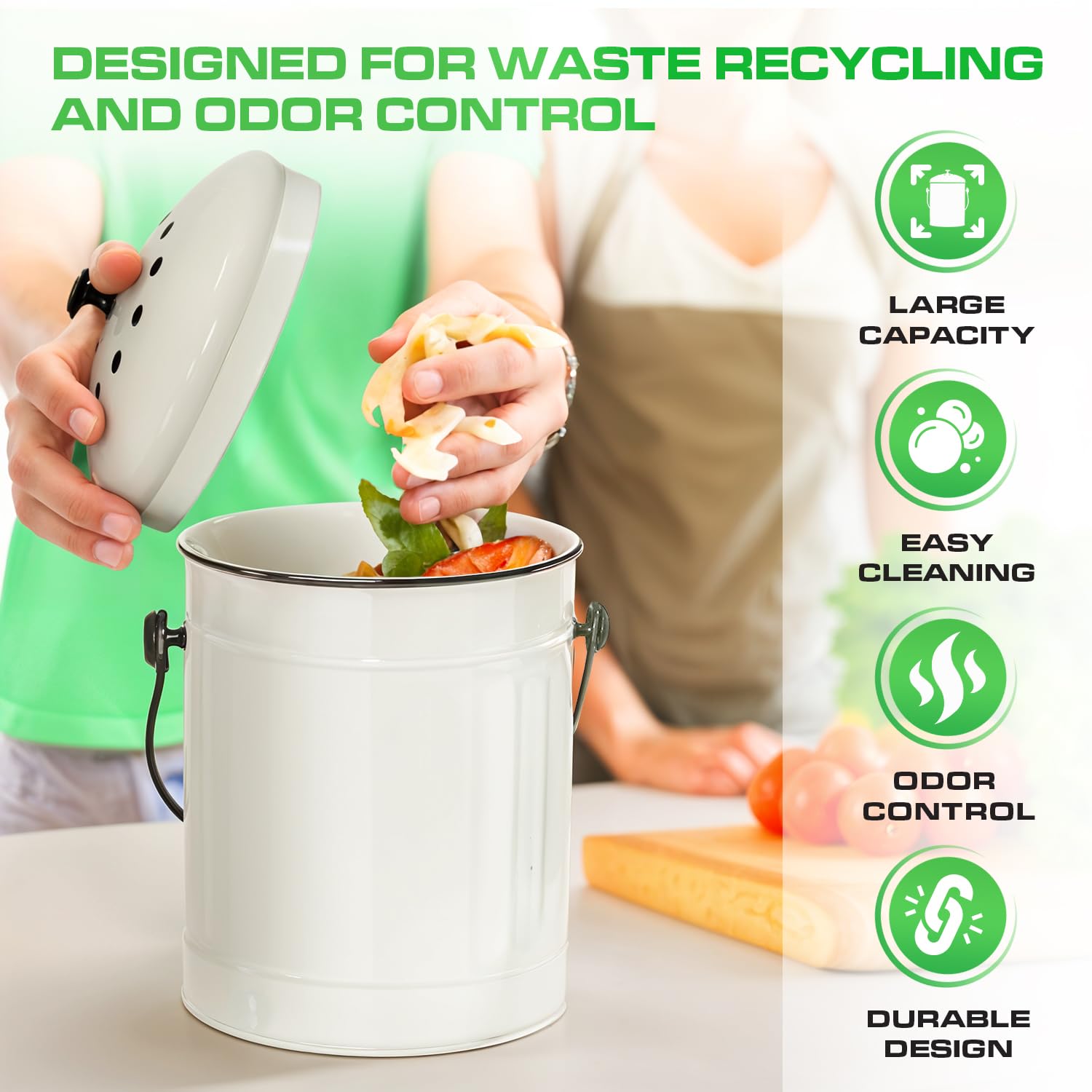 1.5 Gallon Off-White Metal Compost Bin with Airflow Lid and One Charcoal Filter