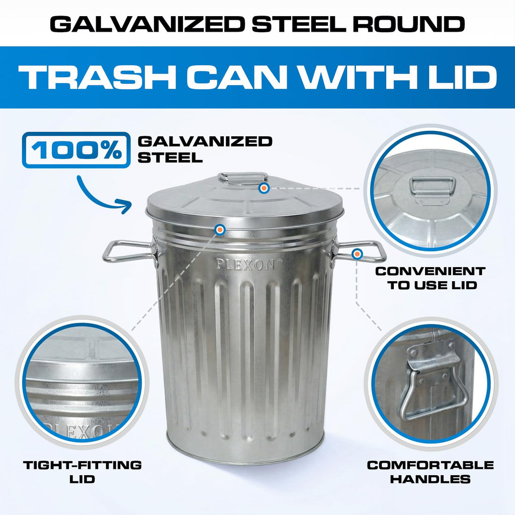 Plexon 2 Gallon Small Metal Trash Can with Lid Bathroom Garbage Can with Lid Round Galvanized Steel Waste Basket for Bedroom Office Kitchen Indoor Metal Basket