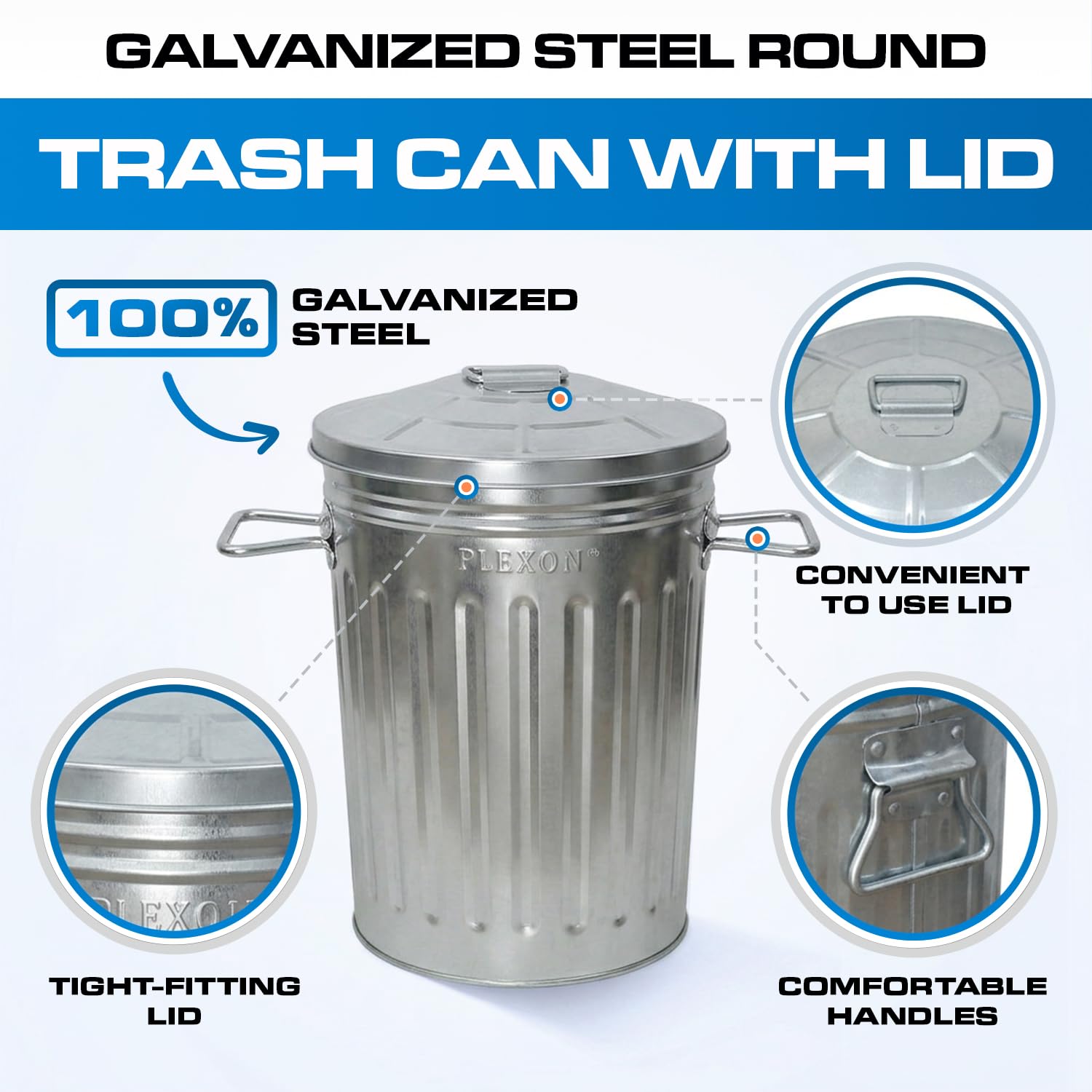 Plexon 2 Gallon Small Metal Trash Can with Lid Bathroom Garbage Can with Lid Round Galvanized Steel Waste Basket for Bedroom Office Kitchen Indoor Metal Basket