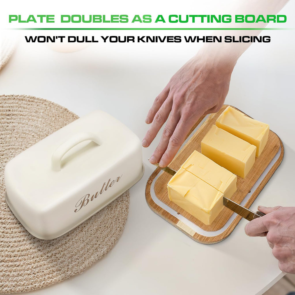 Wooden Butter Dish with Off-White Metal Lid and Handle