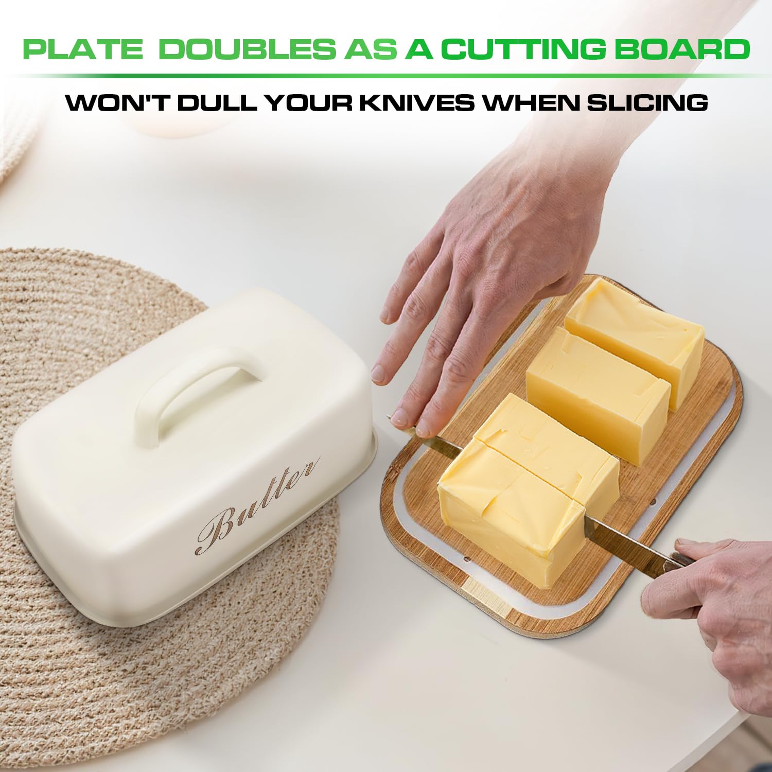 Wooden Butter Dish with Off-White Metal Lid and Handle