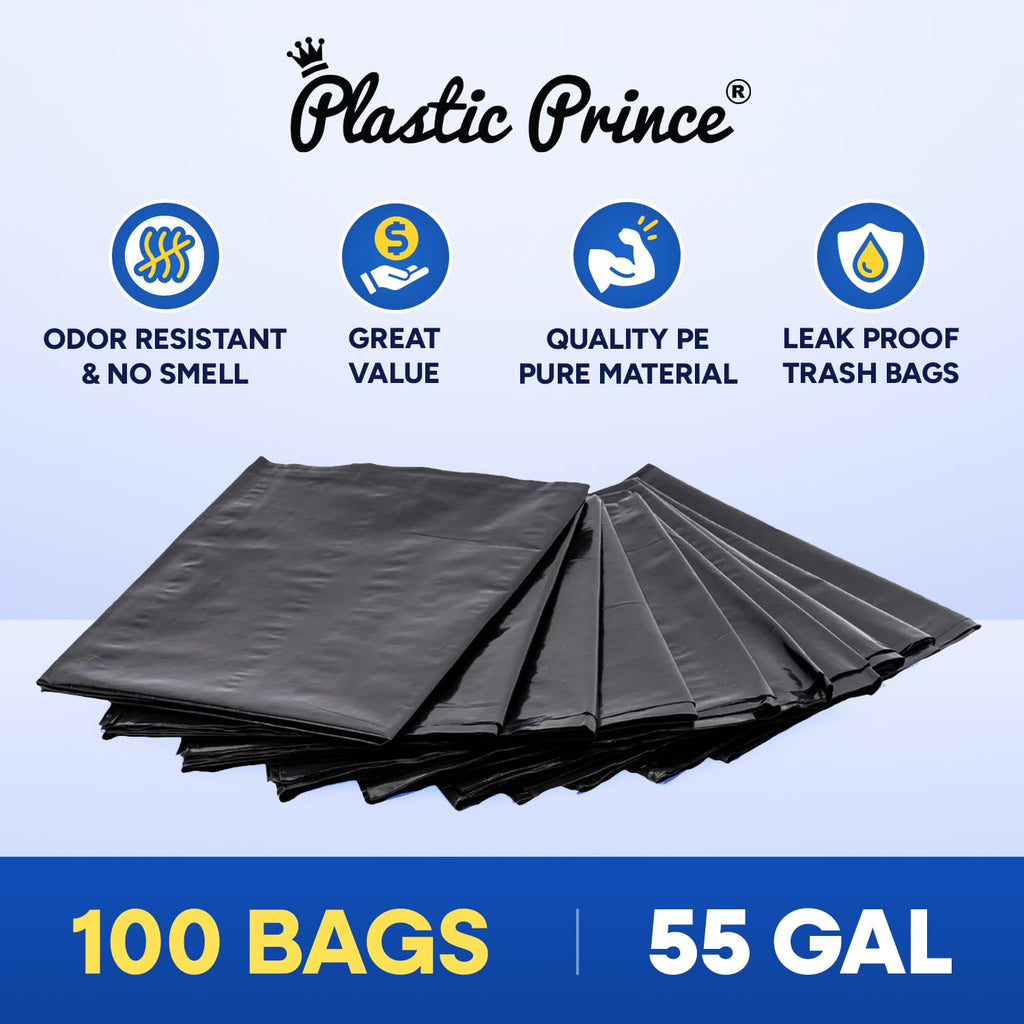 plastic prince 37 x 50 55 gallon 2 mil black trash bags 10 rolls of 10 bags total of 100/case