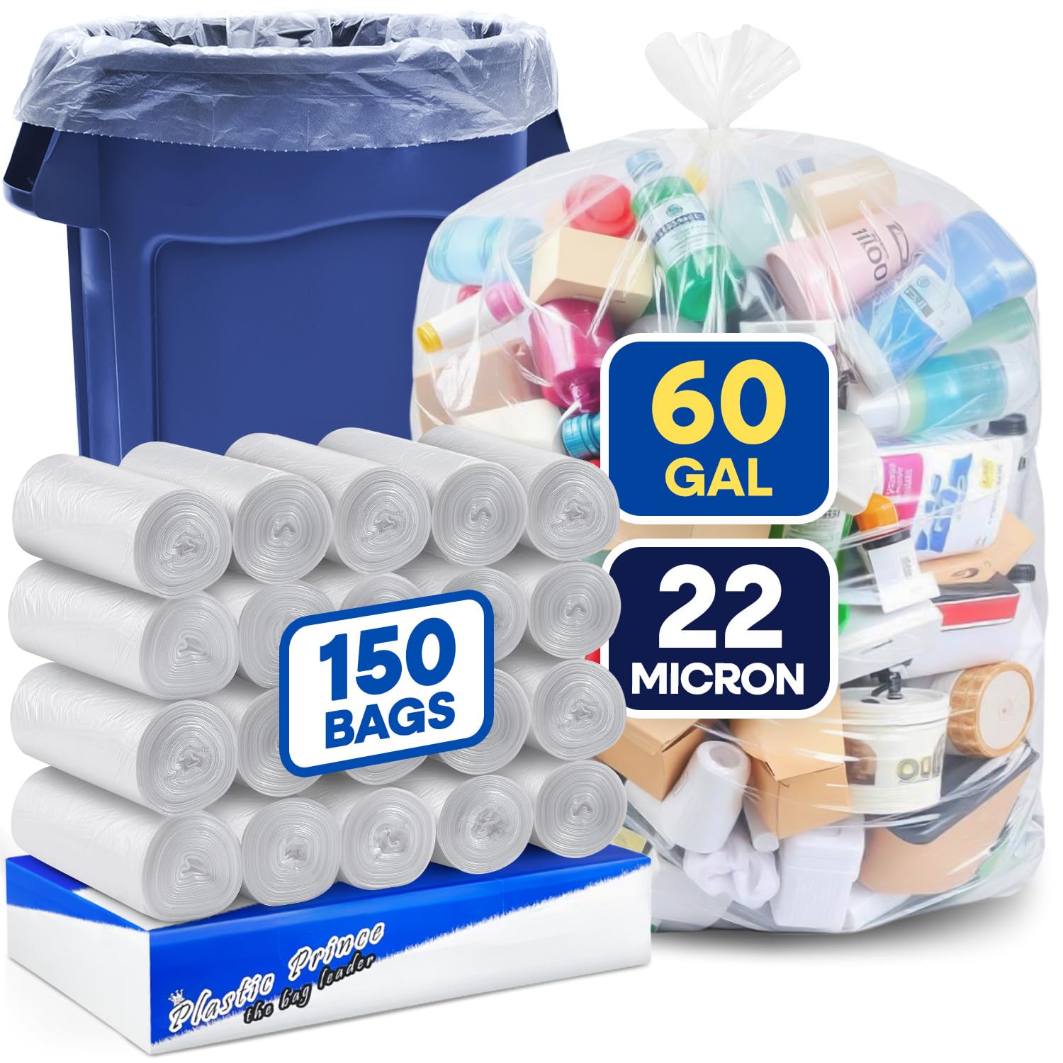 38in x 60in, 60 Gallon, 22 Mic, Clear High-Density Can Liners, 150/Case