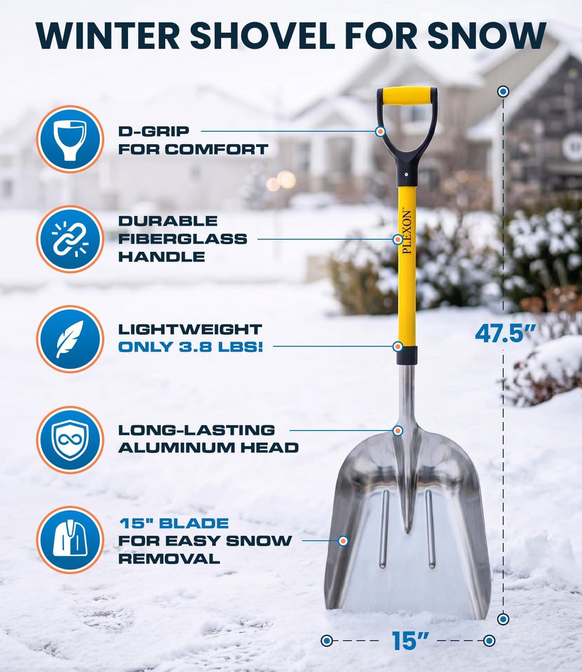 48'' Aluminum Snow Shovel Scoop with Folding Fiberglass Handle & Plastic D-Grip, 15'' Wide Blade