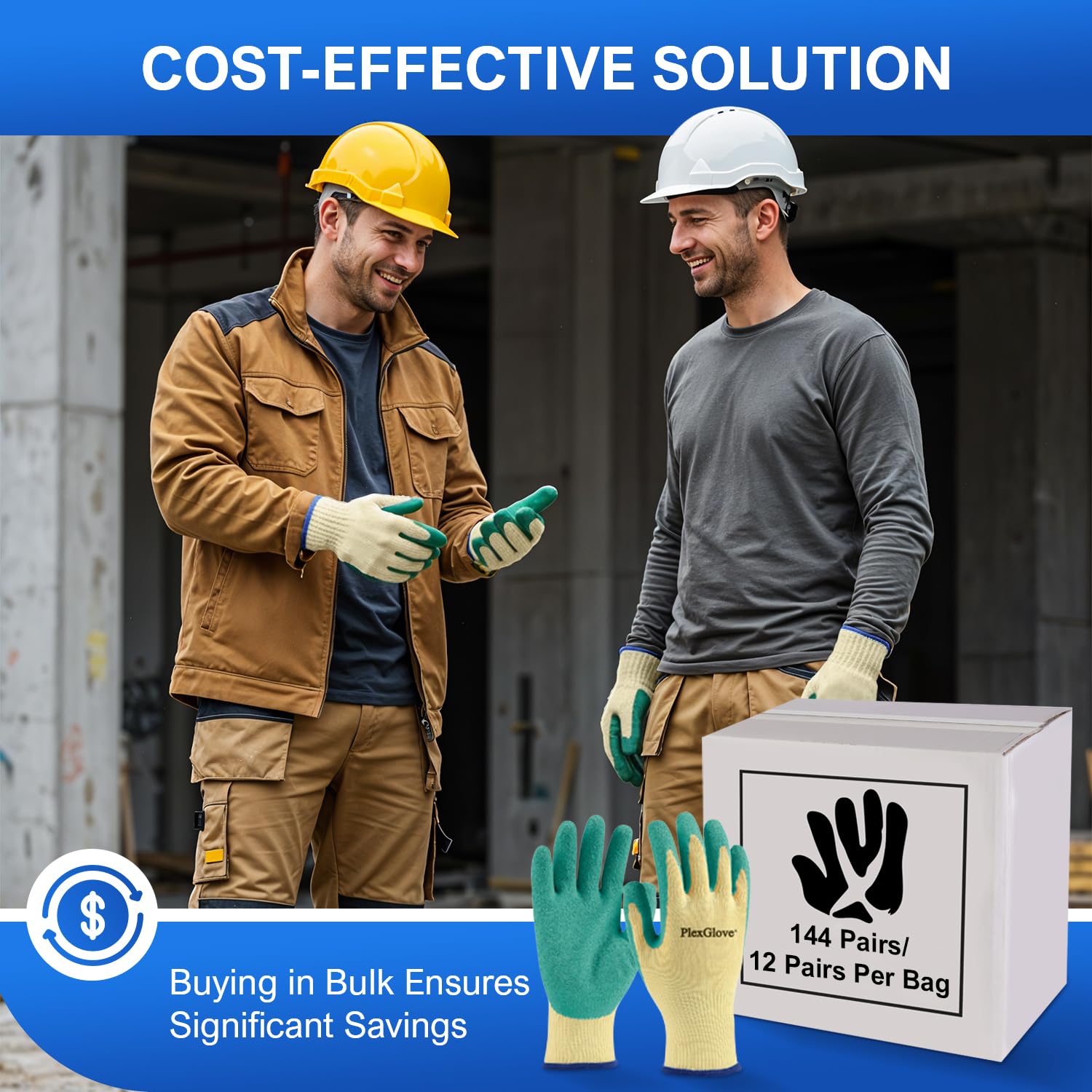 Size 10 Large Yellow Polyester Heavy Duty Non Slip Work Gloves with Green Latex Coated Palm, 144 Pairs/Case