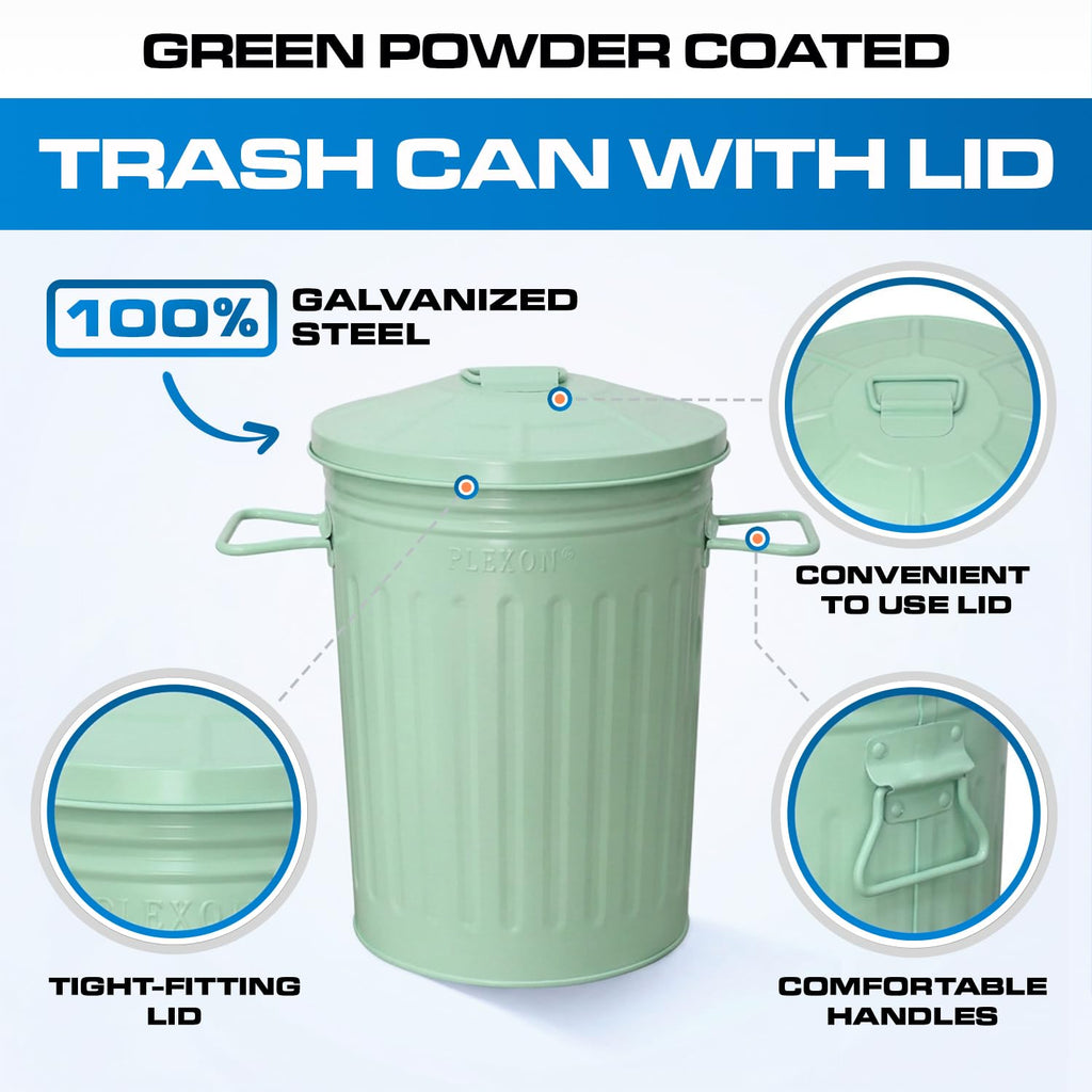 Plexon 2 Gallon Small Metal Trash Can with Lid Bathroom Garbage Can with Lid Bathroom Trash Can for Bedroom Office Kitchen Indoor Waste Basket, Round Powder Coated Green Bucket