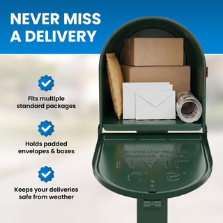 Plexon Jumbo Size Rural Mailbox, 3175 cu-in Capacity, Galvanized Steel, Powder-Coated, 15 in. H x 11.69 in. W x 24.82 in. L (Green, Extra Large)