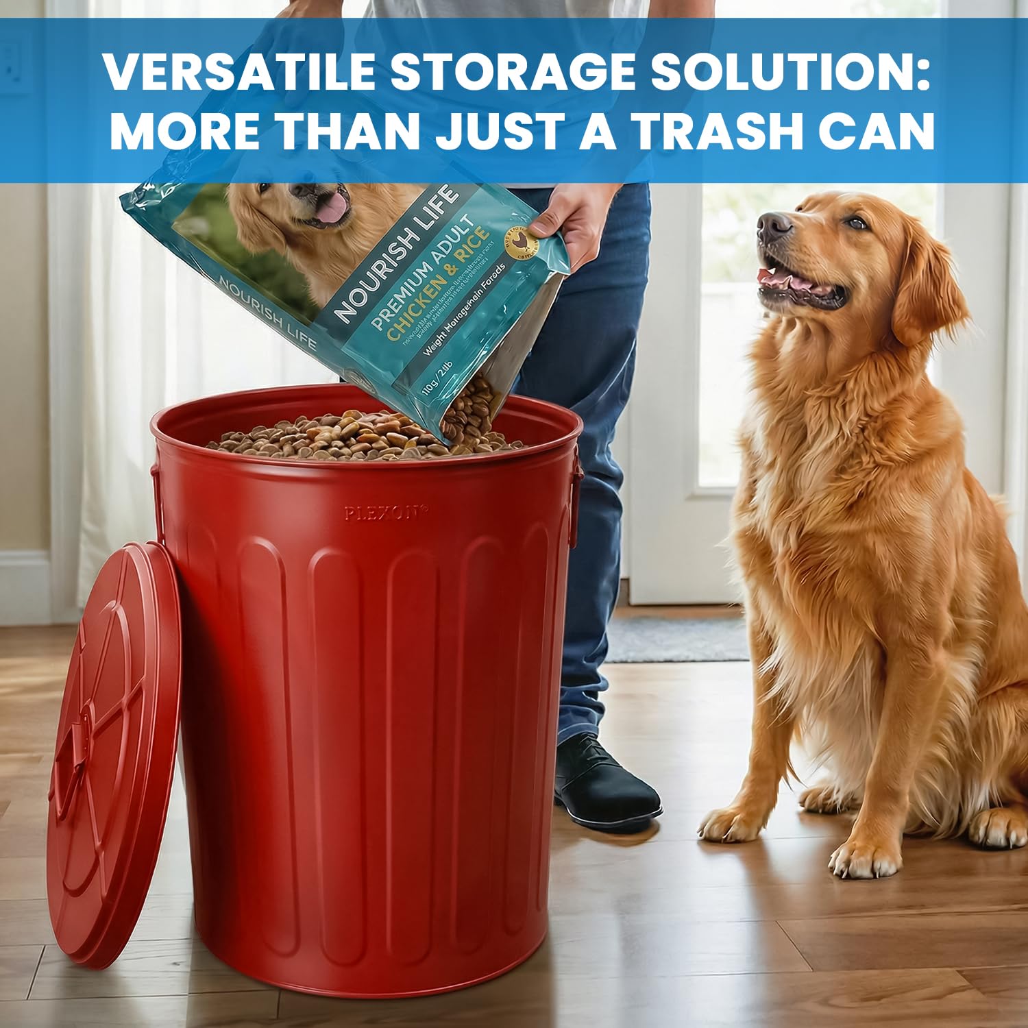 Plexon 20 Gallon Metal Trash Can with Lid Outdoor Large Garbage Can Decorative Trash Can Heavy Duty Powder Coated Metal Bucket with Lid for Garage Workshop Storage Farmhouse, Red