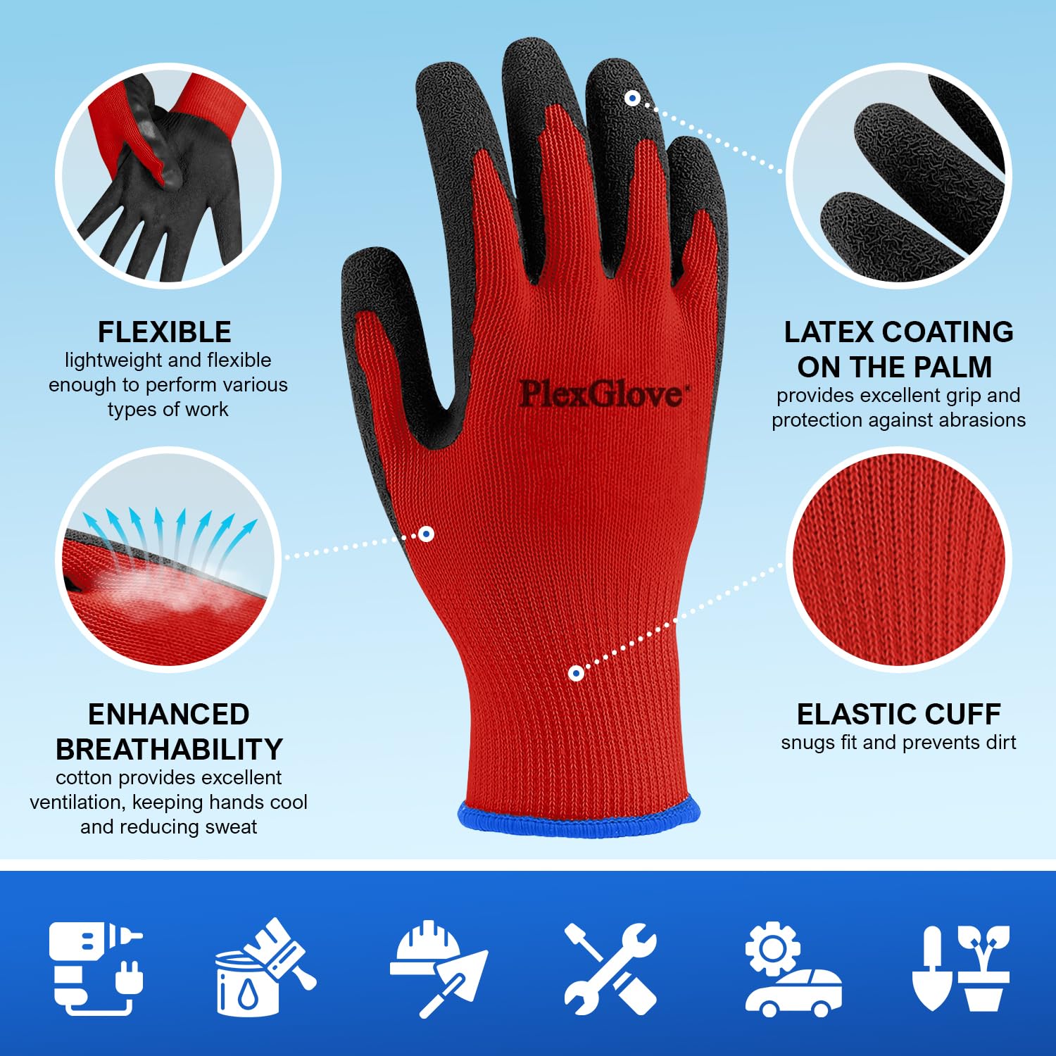 300 Pairs Large Red Safety Gloves for Men/Women, Non Slip Black Latex Palm Work Gloves, Heavy Duty Cotton Garden Yard Gloves