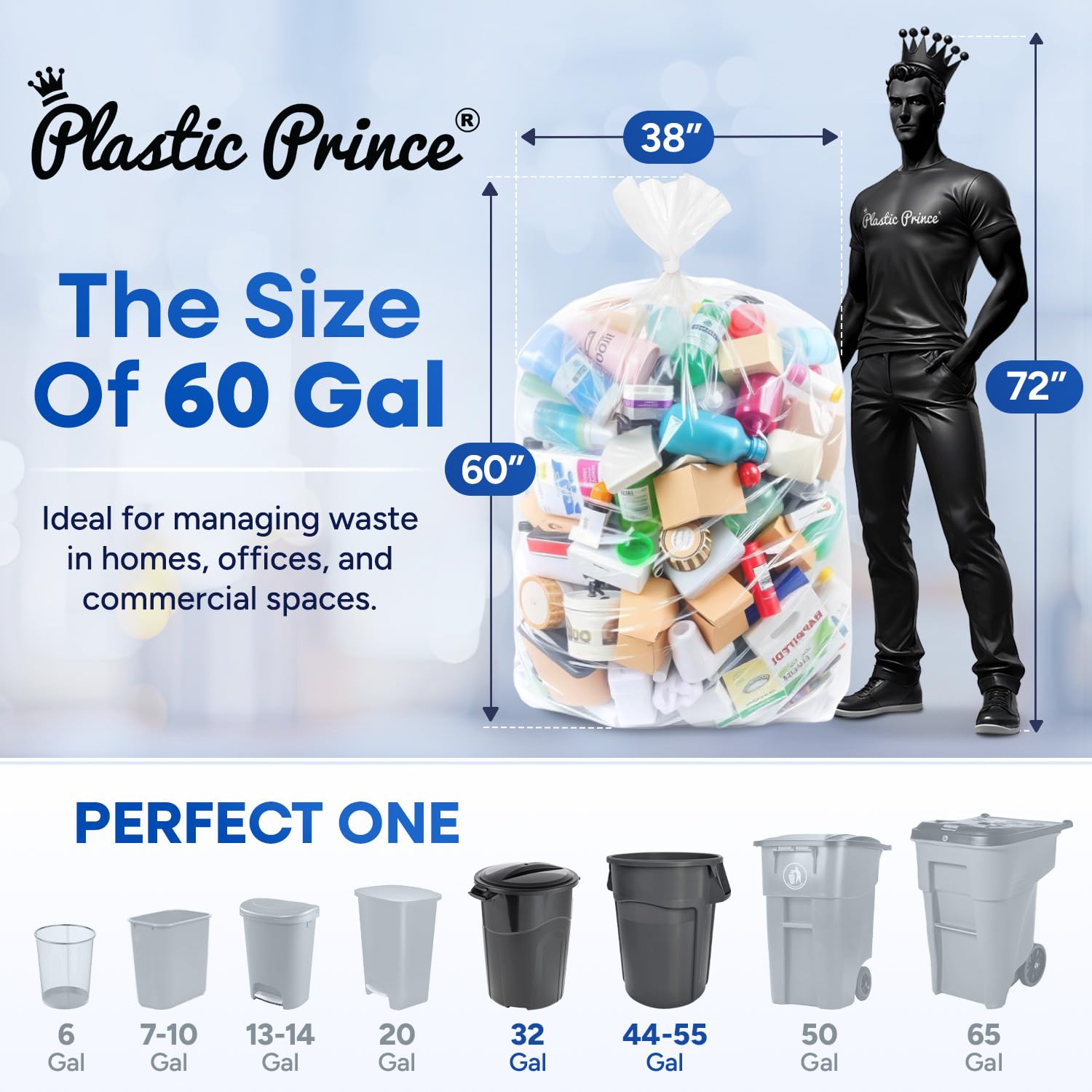 38in x 60in, 60 Gallon, 22 Mic, Clear High-Density Can Liners, 150/Case