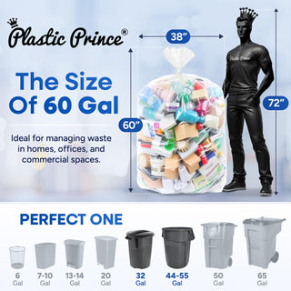 38in x 60in, 60 Gallon, 22 Mic, Clear High-Density Can Liners, 150/Case