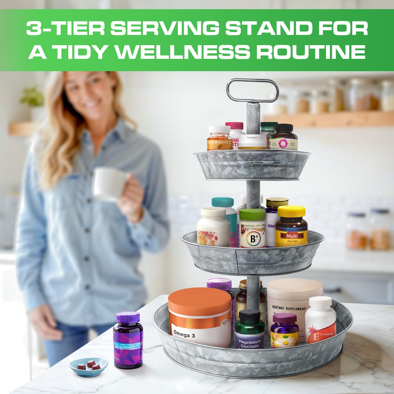 3 Tier Galvanized Metal Round Serving Tray with Slanted Sides