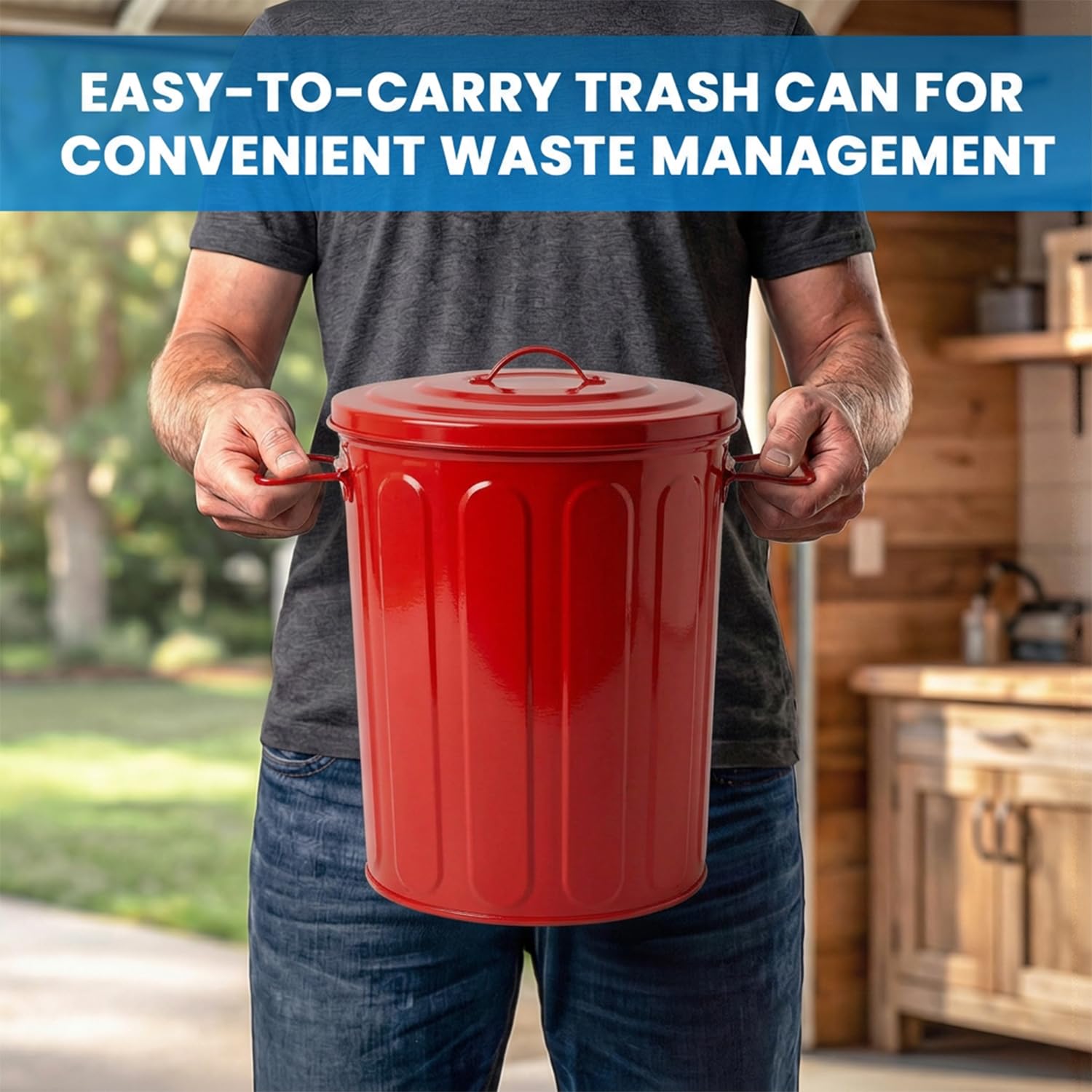 Plexon 5 Gallon Small Metal Trash Can with Lid Outdoor Galvanized Steel Bucket with Lid 5 Gal Storage Can for Dog Food Bird Seed Storage Container Rodent Pet Proof, Red