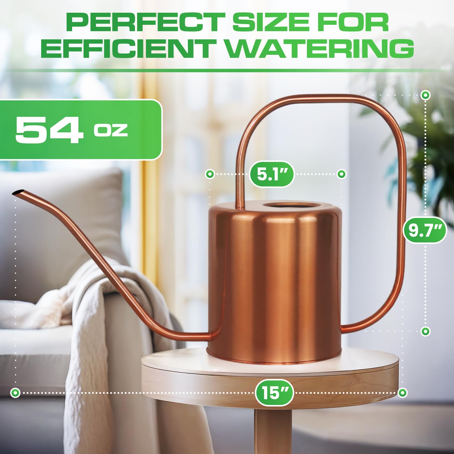 54 oz Rose Gold Stainless Steel Watering Can with Long Spout