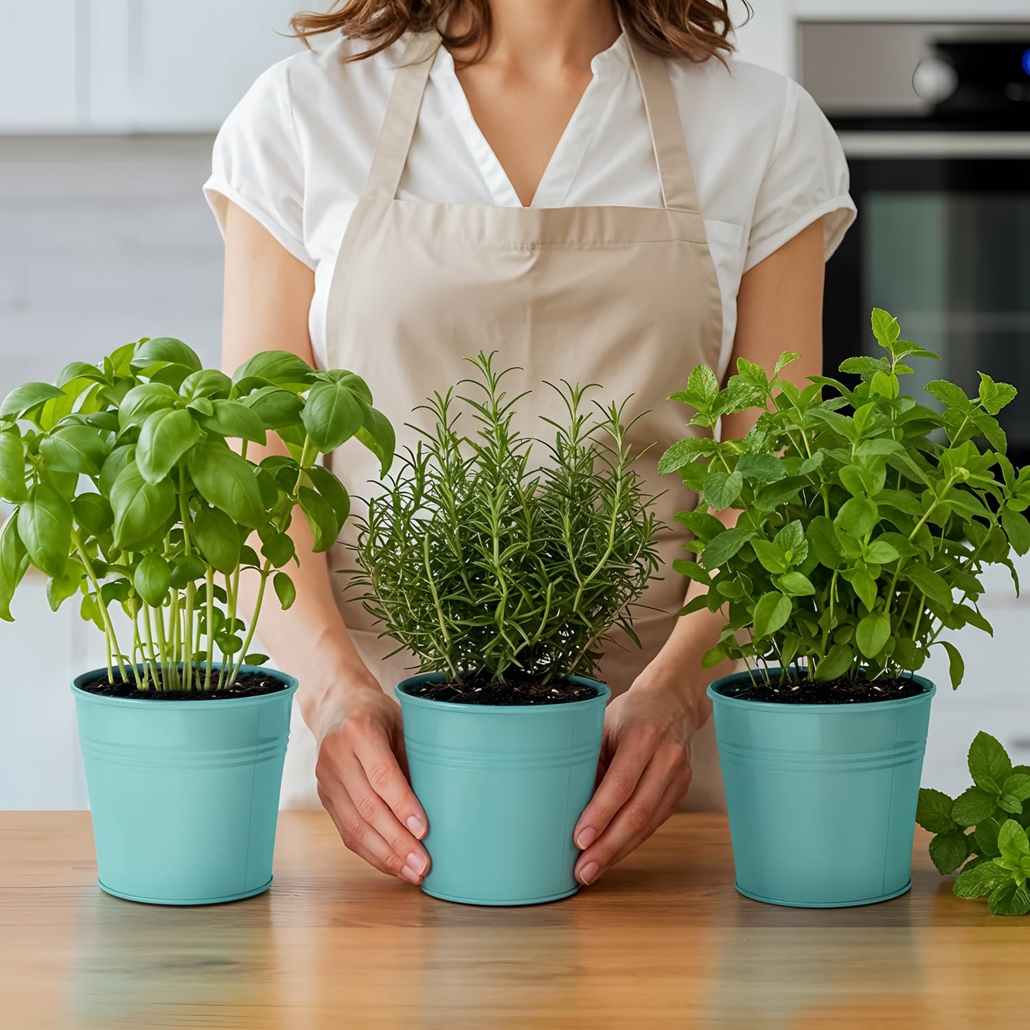Set of 3 Aqua Mist Blue Metal Garden Planters with Tray