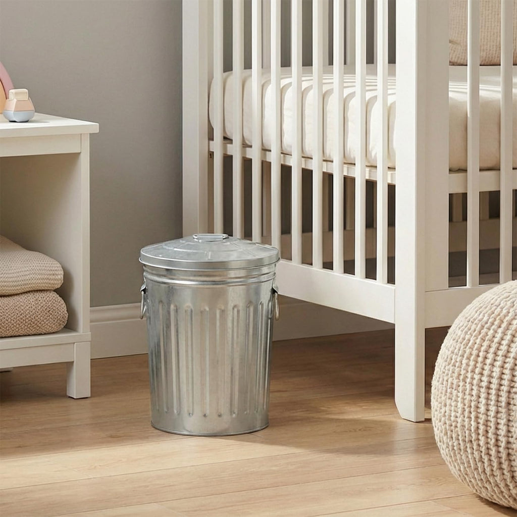 Plexon 2 Gallon Small Metal Trash Can with Lid Bathroom Garbage Can with Lid Round Galvanized Steel Waste Basket for Bedroom Office Kitchen Indoor Metal Basket