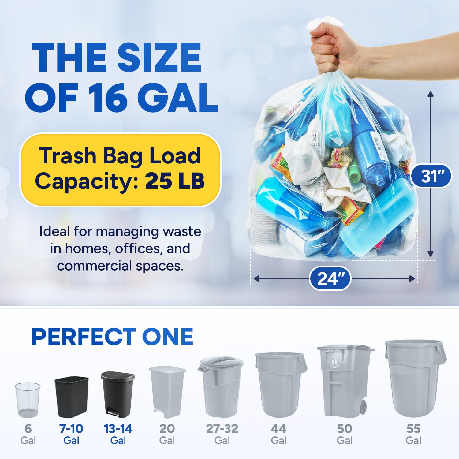 24in x 31in, 16 Gallon, 8 Mic, Clear High-Density Can Liners, 1000/Case