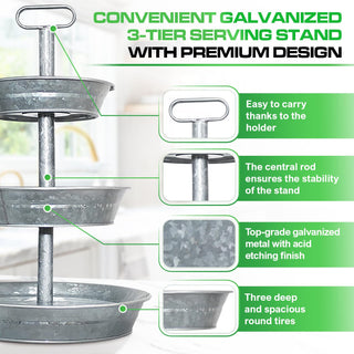 3 Tier Galvanized Metal Round Serving Tray with Slanted Sides