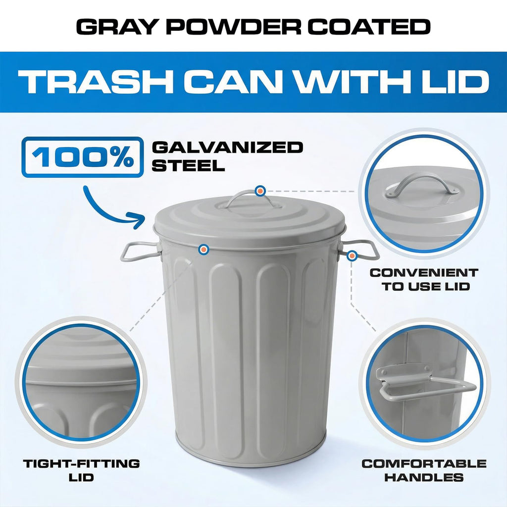 Plexon 5 Gallon Small Metal Trash Can with Lid Outdoor Galvanized Steel Bucket with Lid 5 Gal Storage Can for Dog Food Bird Seed Storage Container Rodent Pet Proof, Gray