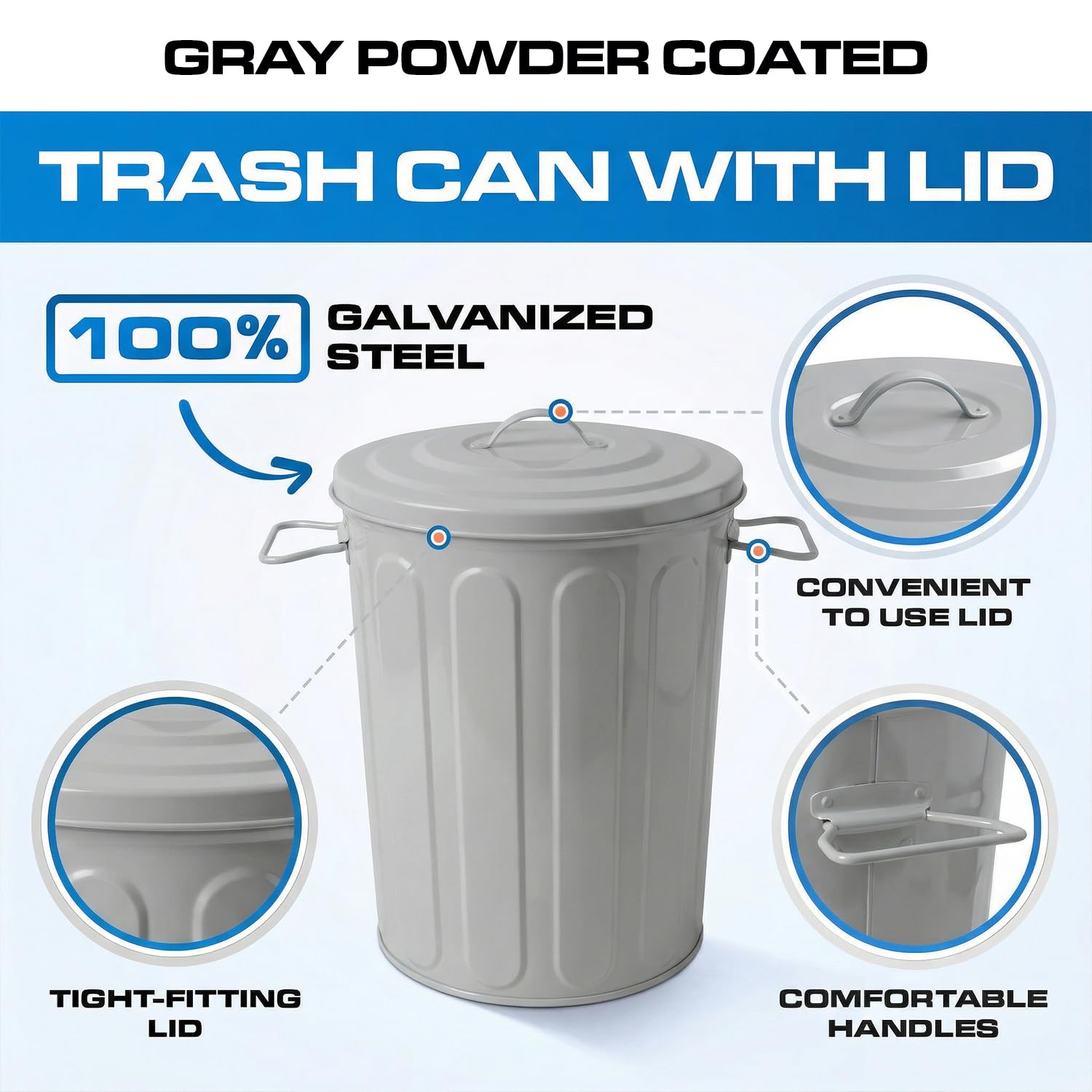 Plexon 5 Gallon Small Metal Trash Can with Lid Outdoor Galvanized Steel Bucket with Lid 5 Gal Storage Can for Dog Food Bird Seed Storage Container Rodent Pet Proof, Gray