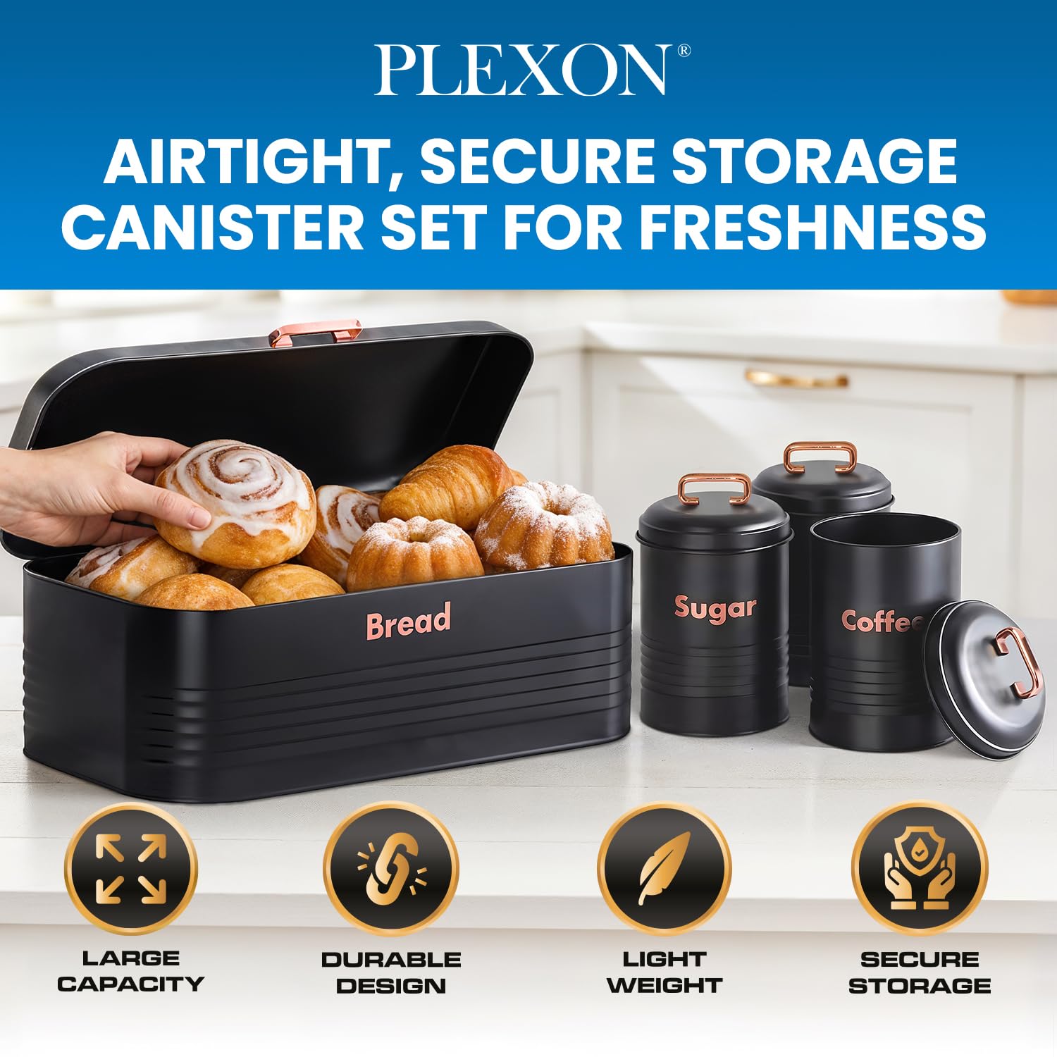 plexon metal bread box with tea coffee sugar container set black bread box for kitchen countertop with canister set of 4