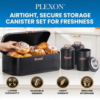 plexon metal bread box with tea coffee sugar container set black bread box for kitchen countertop with canister set of 4