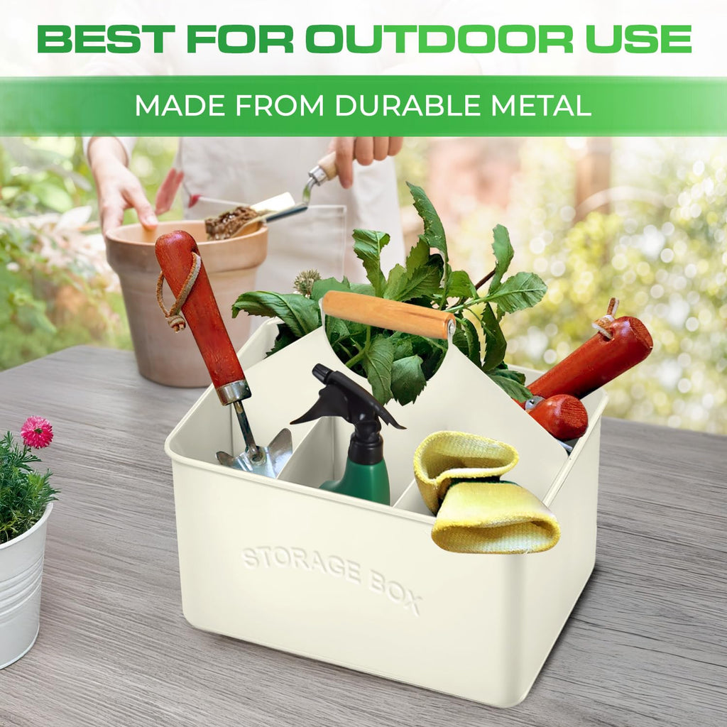 Off-White Galvanized Metal Utensil Caddy with Wooden Handle