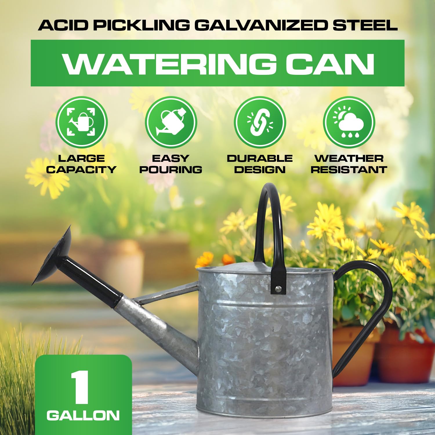 1 Gallon Acid Pickling Galvanized Metal Watering Can with Black Handle and Spout