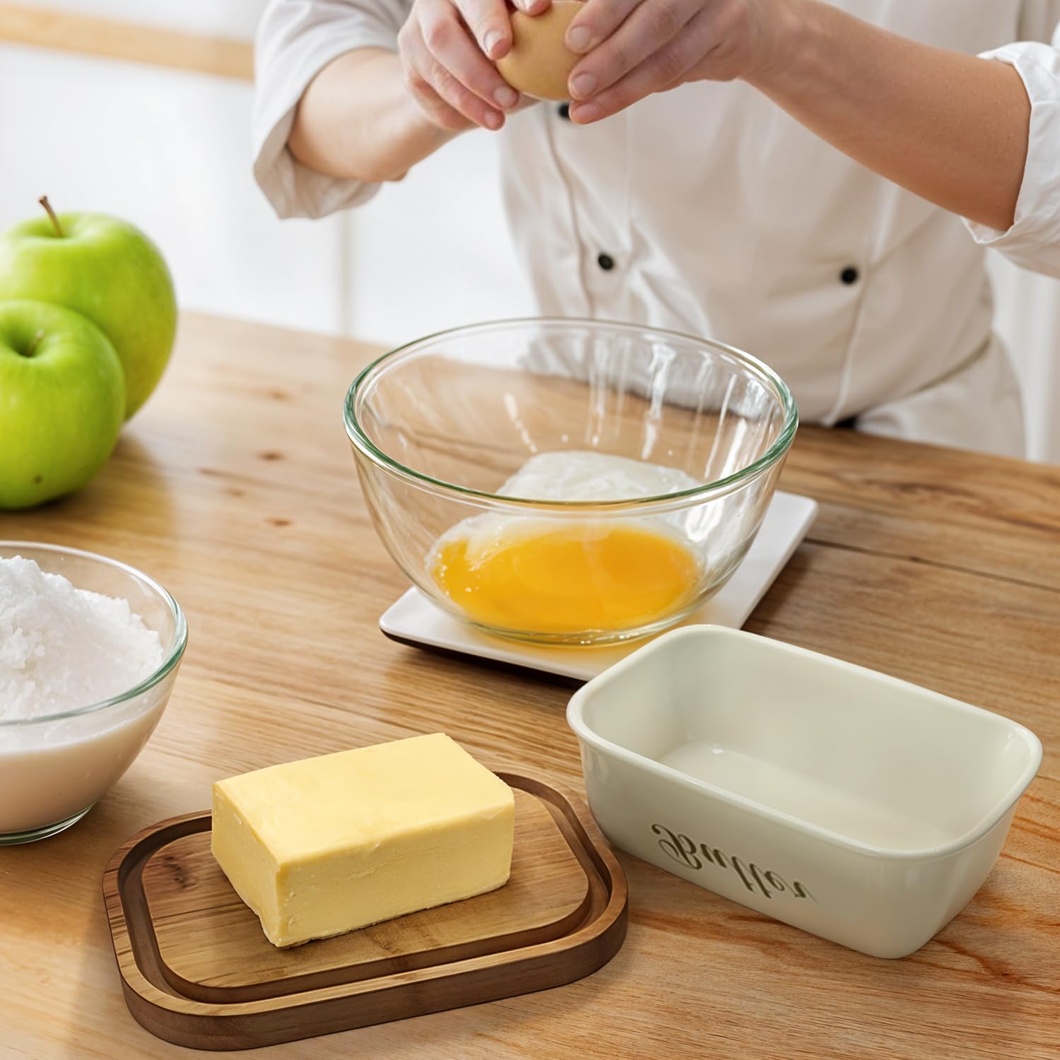 Wooden Butter Dish with Off-White Metal Lid
