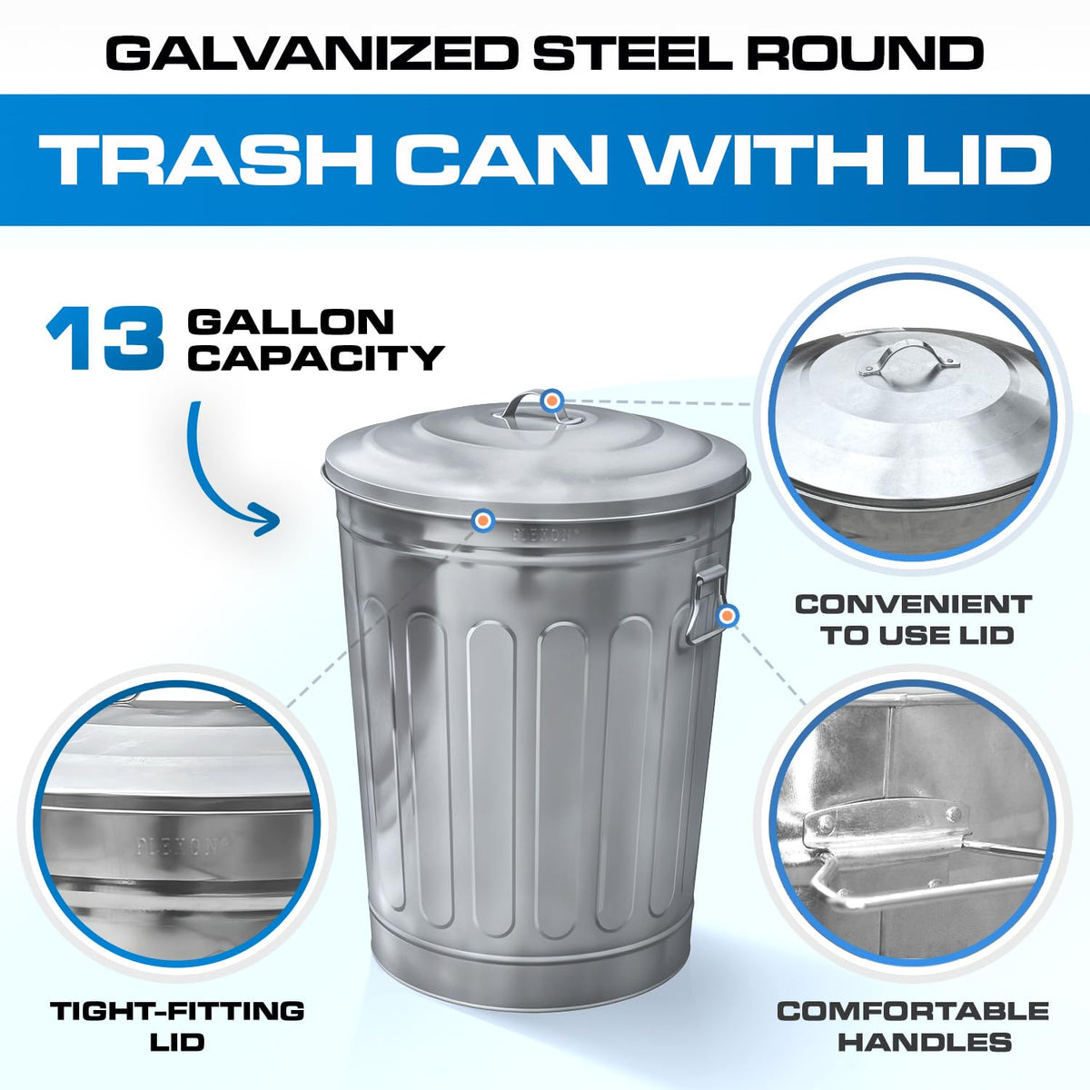 Plexon 13 Gallon Metal Trash Can with Lid Outdoor Vintage Trash Can Steel Retro Garbage Can for Kitchen Farmhouse Rustic Bird Seed Storage Pet Food Ash Bucket, Galvanized Steel