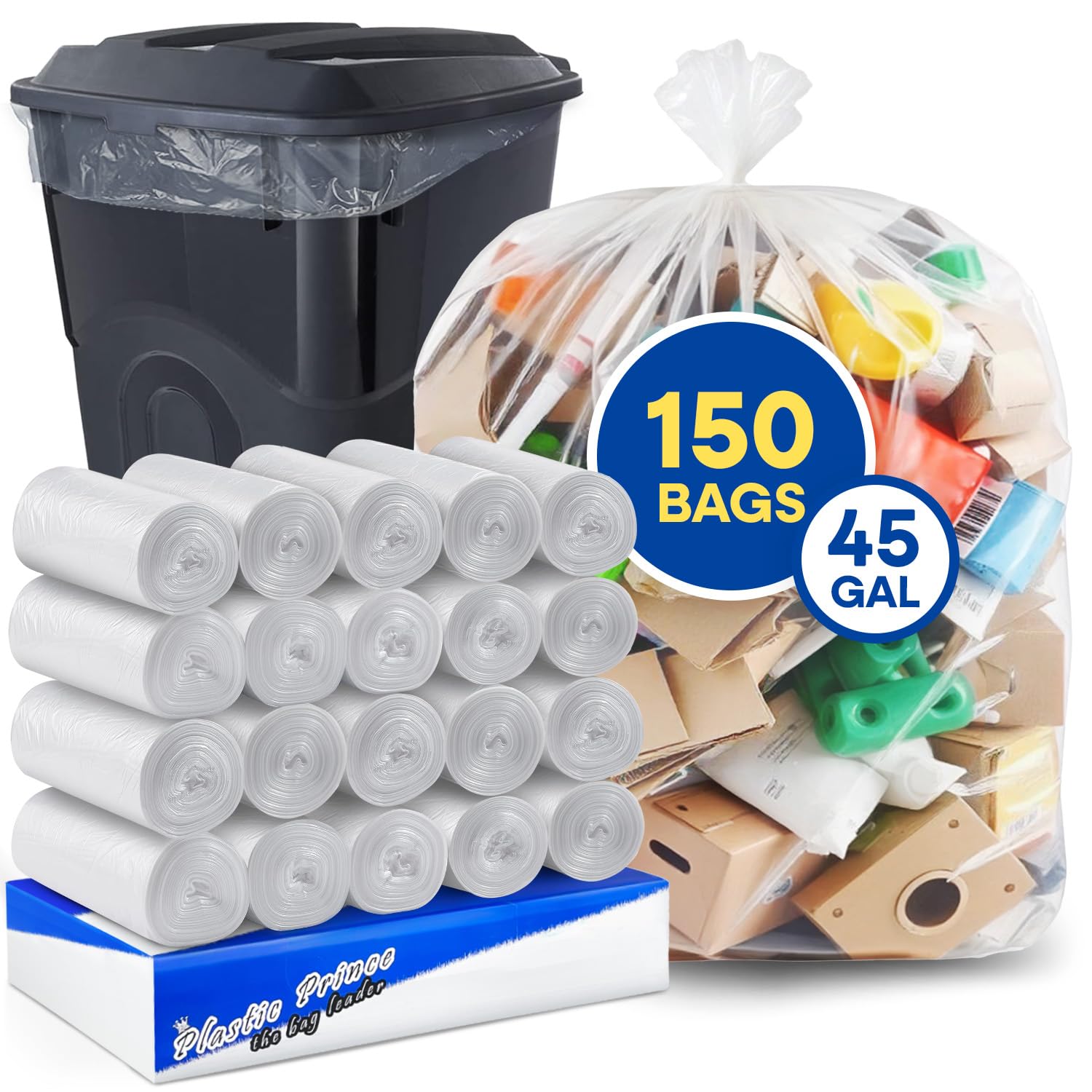 40in x 48in, 45 Gallon, 22 Mic, Clear High-Density Can Liners, 150/Case