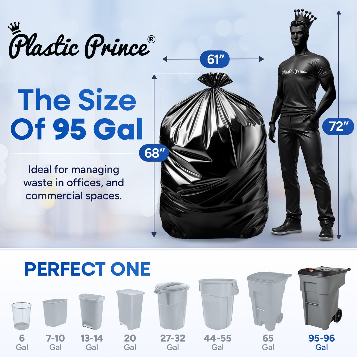 32" x 29" x 68" (61" x 68") 95 Gal 2 Mil Black Trash Bags, 25/Case