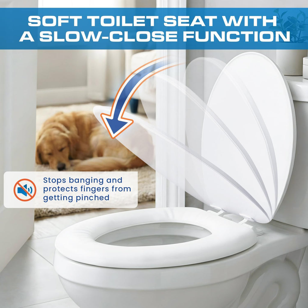Plexon Soft Cushioned Toilet Seat, Elongated White, Slow-Close Lid & Seat, Quick-Release Hinge, Easy To Clean & Change