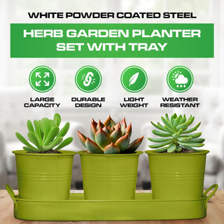 Set of 3 Green Metal Garden Planters with Tray