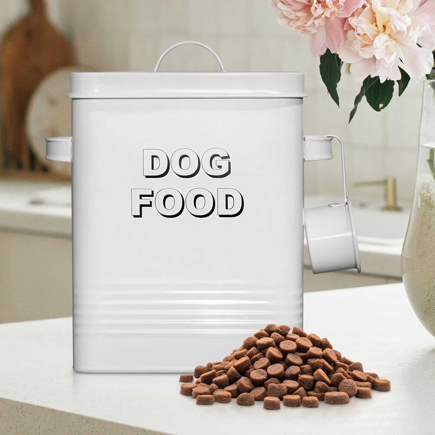 5 lb Square White Metal Pet Food Storage Container with Handles and Scoop
