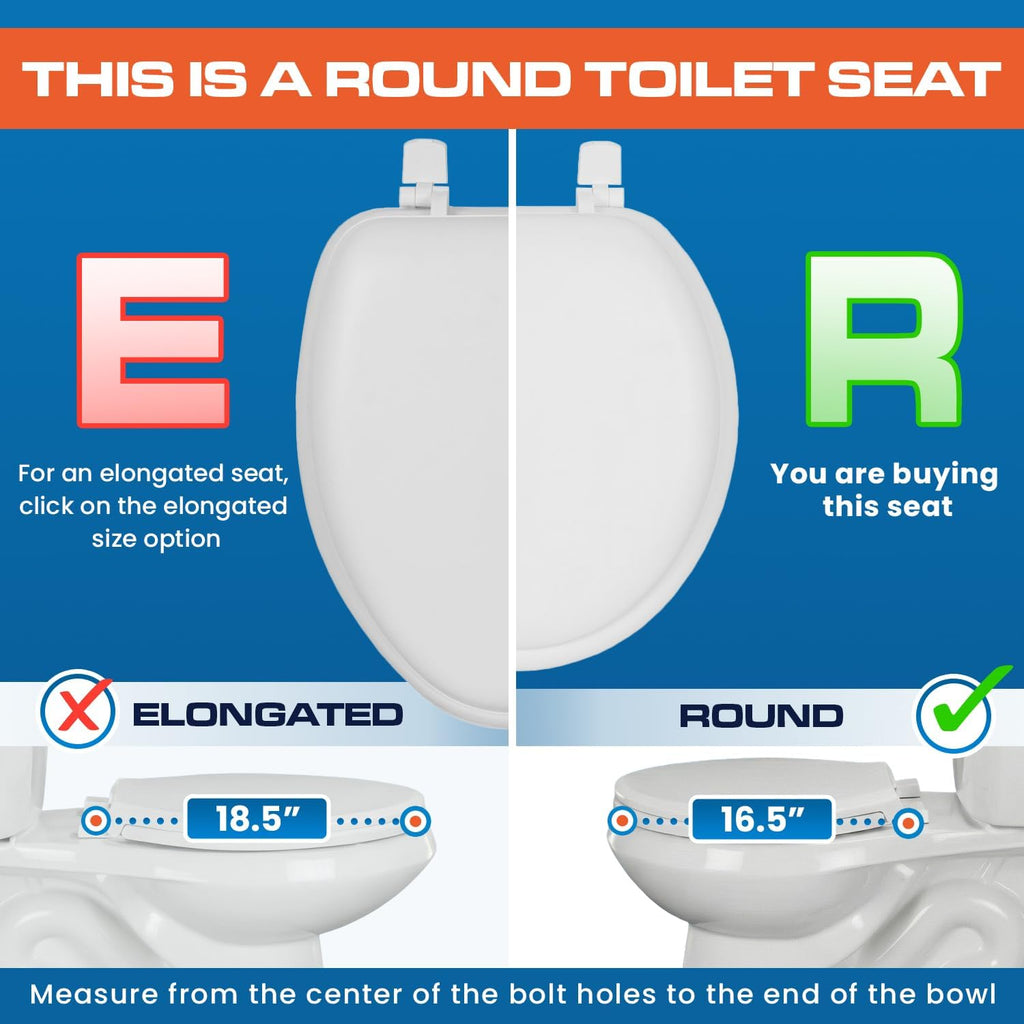 Plexon Round Soft Toilet Seat, Smooth Heavy-Duty Vinyl & Wood Core, Secure Hinge, White