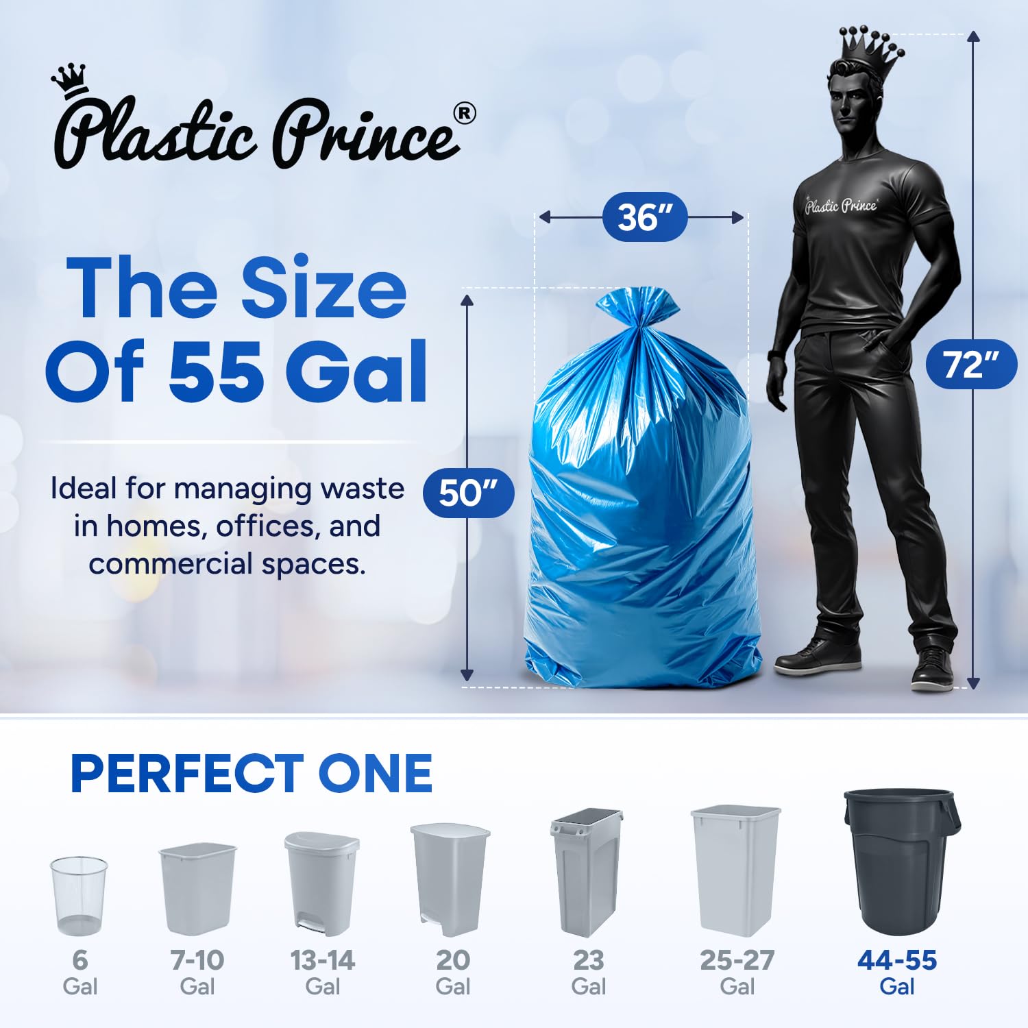23" x 14" x 50" 55 Gal 3 Mil Blue Trash Bags, 100/Case